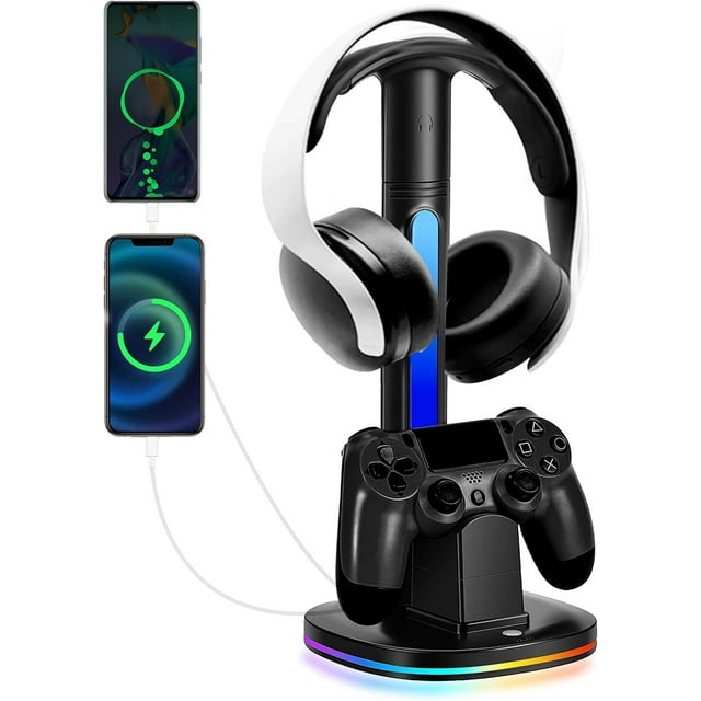 PS4 Controller Charger with RGB Headphone Stand, with 2 USB Charging