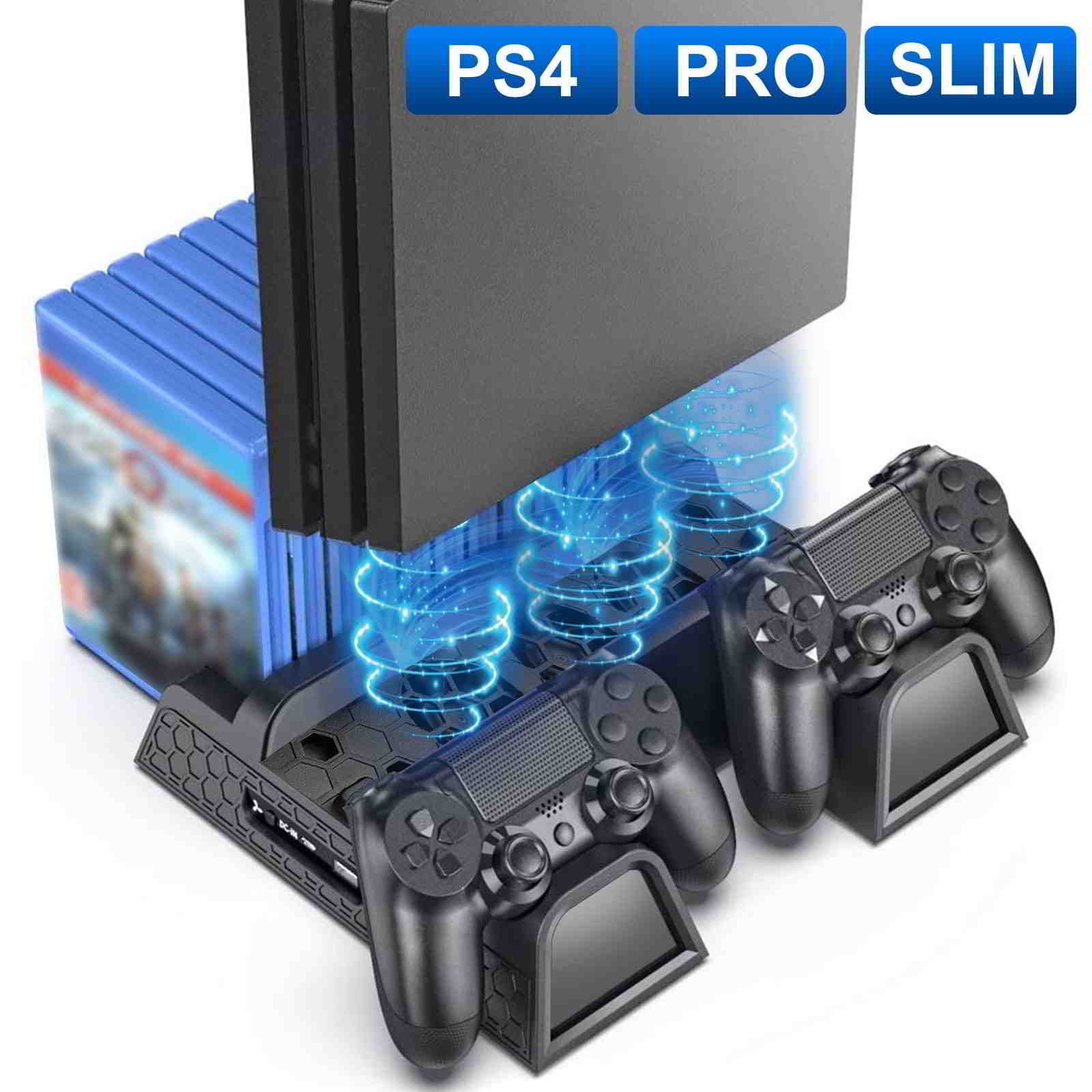 PS4 Slim Vertical Stand with 3 Cooling Fans, Dual Charging Station for