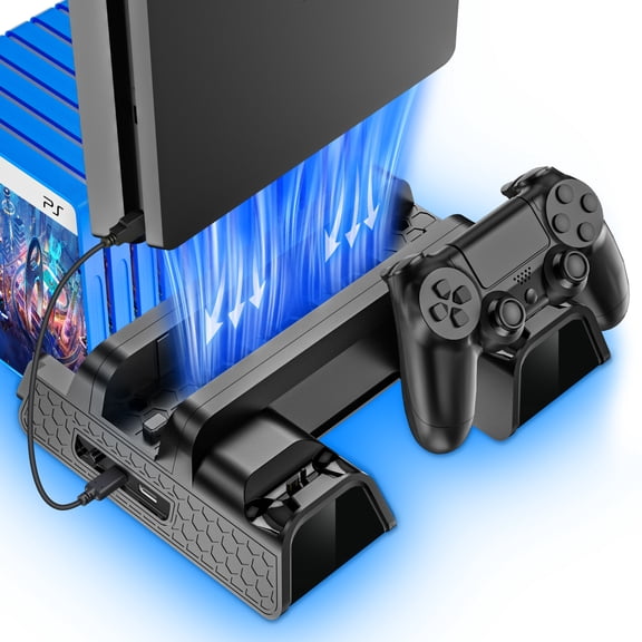 PS4 Stand with Cooling Fan for PS4 Slim/Pro/PlayStation 4, PS4 Accessories,Playstation 4 Cooling Station with PS4 Controller Charger and 12 Game Slots,Black
