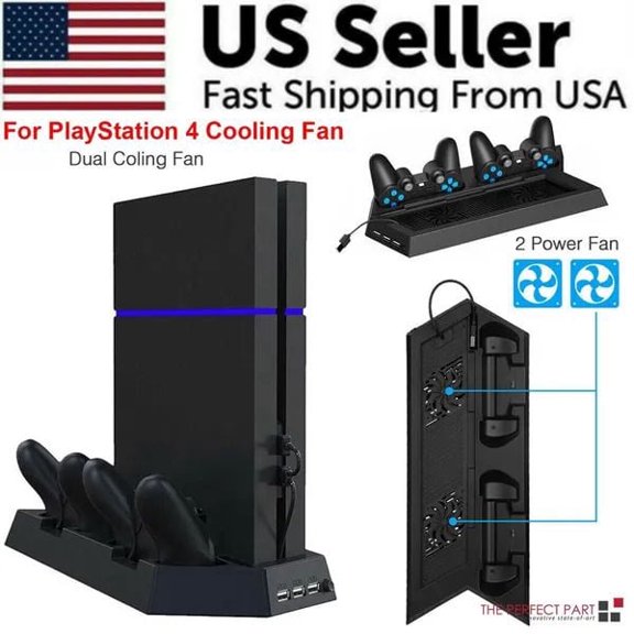 PS4 Vertical Stand with Cooling Fan and Controller Charging Dock, Dual Charger Station for PlayStation 4 / PS4 Slim / PS4 Pro, Multi-Functional Storage Organizer for Console, Black