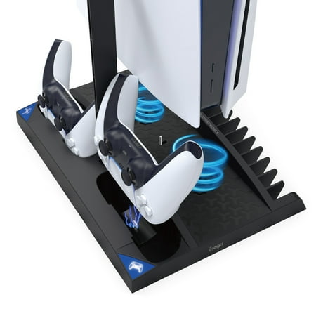 PS5 6-in-1 Multifunctional Cooling Stand & Charging Dock - Dual Controller Charger, Headphone Hanger & Game Disc Rack for Disc & Digital Editions | PS5 Accessories