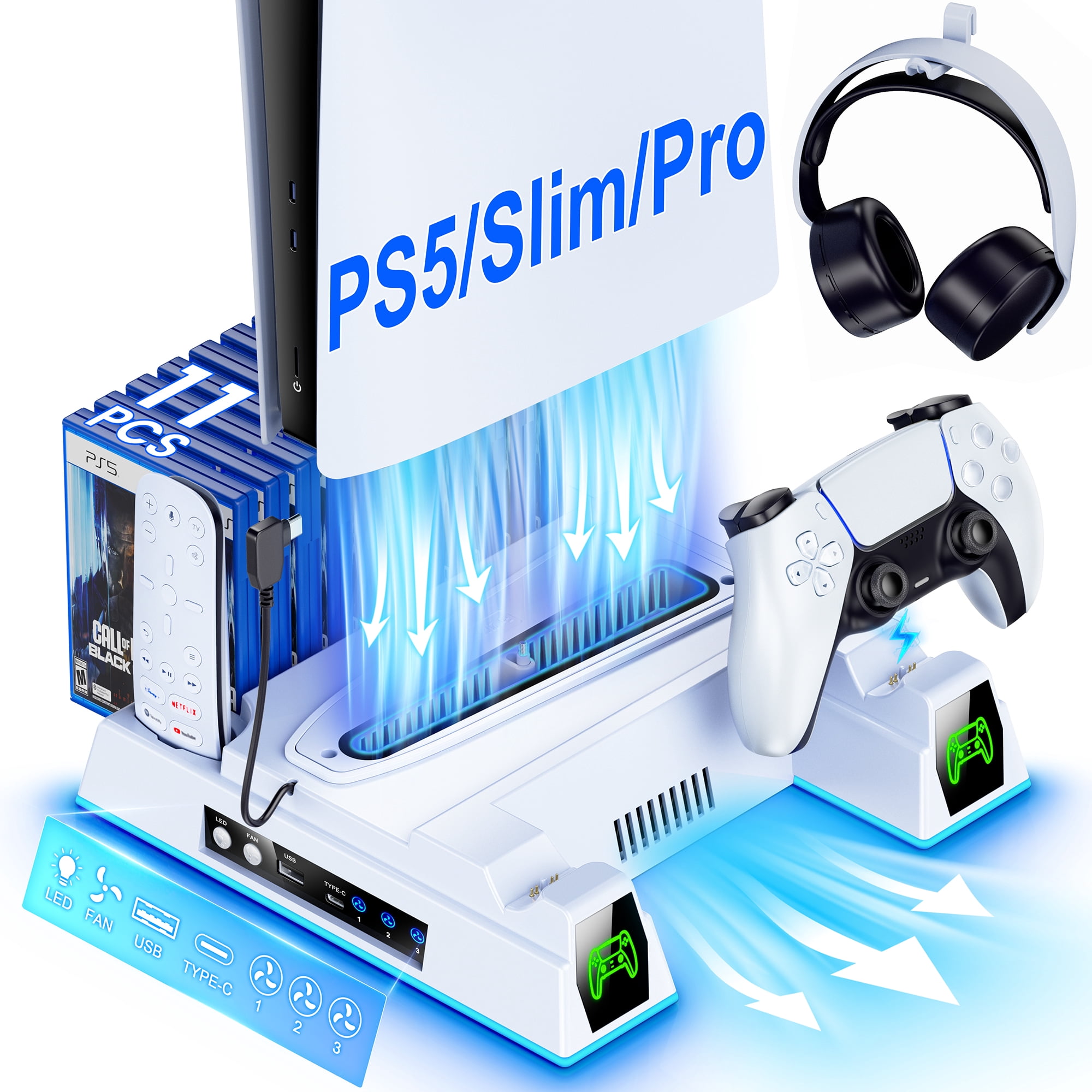 PS5 Accessories, QQV PS5 Stand Cooling Station For PS5 Slim/Disc/Digital editions Console-Black