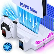 PS5 Stand Cooling Fan for PS5 Slim, QQV PS5 Accessories with Dual PS5 Controller Charger,PS5 Cooling Station for PS5 Disc & Digital Editions-White