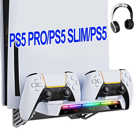 YUOY PS5 (All Versions) Wall Mount Kit with Charging Station for PS5/PS5 Slim/PS5 Pro Consoles, RGB LED Light,Stable Metal Wall Hanging Stand with LED Indicator