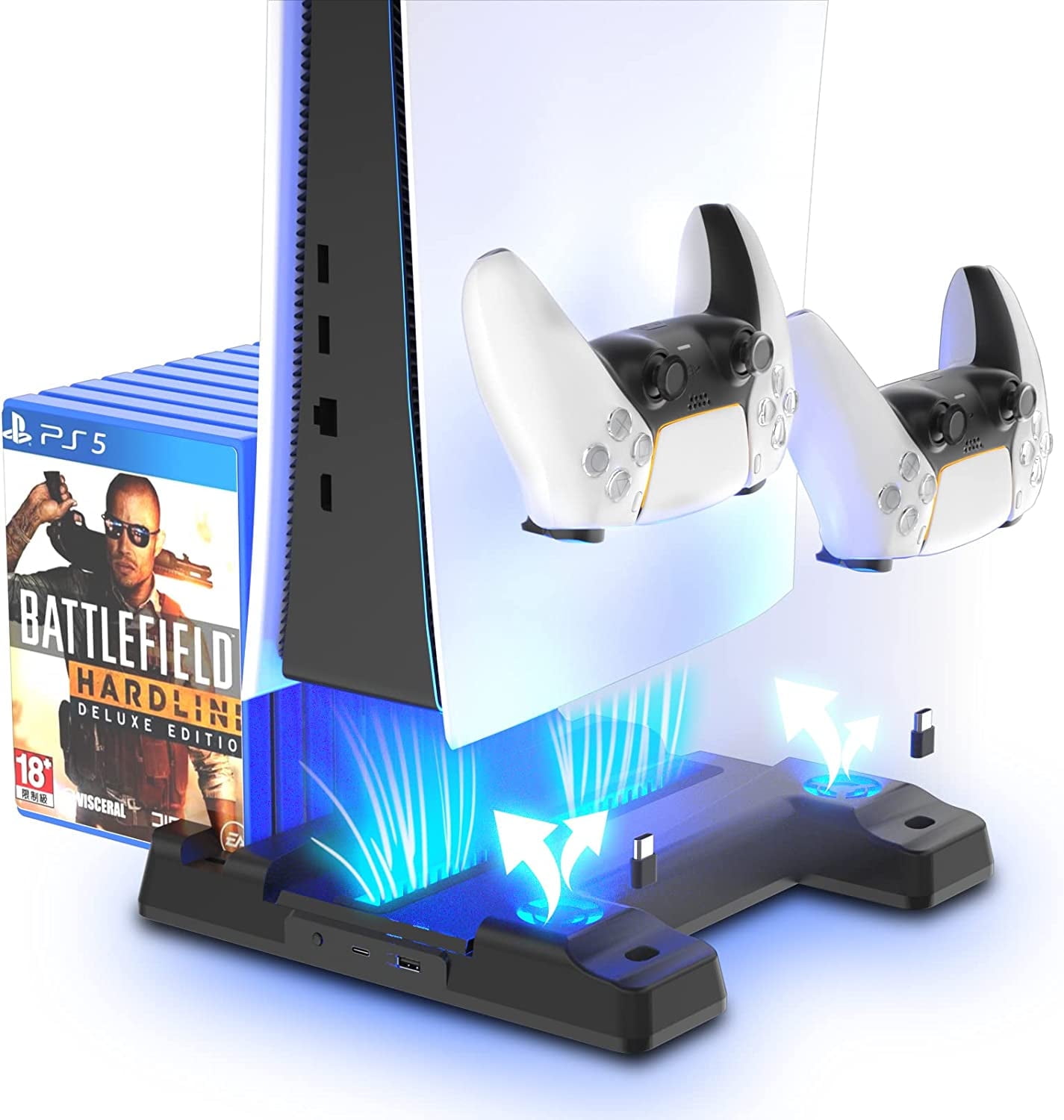 PS5 Charger Station, PS5 Cooling Fan Stand, PS5 Charger Stand with Controller Charger, PS5 Vertical Stand with Cooling Fan and LED Indicator, 3 Levels Adjustable Fans Speed, 12 Game Rack Organizer