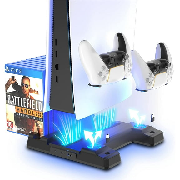 PS5 Charger Station, PS5 Cooling Fan Stand, PS5 Charger Stand with Controller Charger, PS5 Vertical Stand with Cooling Fan and LED Indicator, 3 Levels Adjustable Fans Speed, 12 Game Rack Organizer