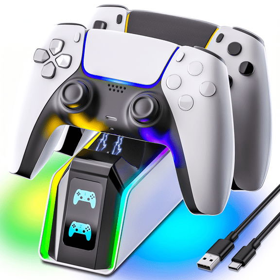 PS5 Controller Charger with RGB Light & LED Indicato, Dual Controller Charging Station for PS5 DualSense & Edge Controllers