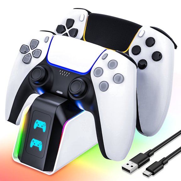 Controller Charger Station Compatible with P5 DualSense & Edge Controllers, Fast Charging Station Docking with RGB Light & LED Indicato