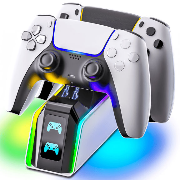 PS5 Controller Charger with RGB Light & LED Indicato, Dual Controller Charging Station for PS5 DualSense & Edge Controllers