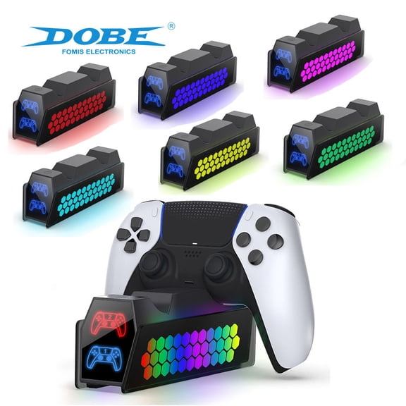 PS5 Controller Charging Station with RGB LED Lights - Honeycomb Design Dual Dock for PS5 Elite/DualSense Controllers | Fast Charging, Touch-Sensitive Controls, Anti-Slip Base, USB-Powered