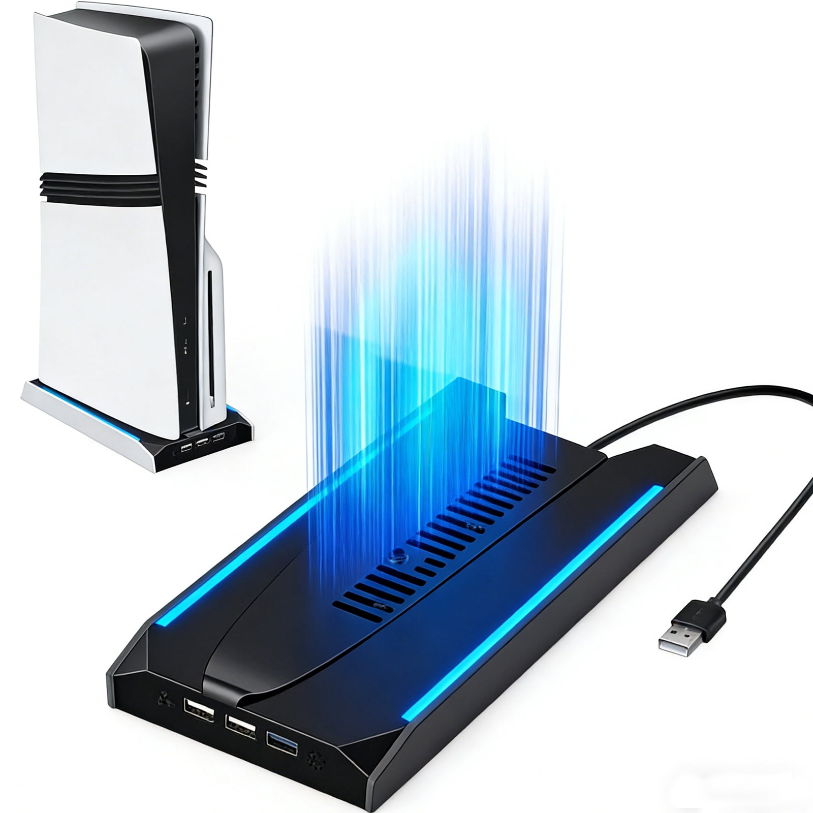 PS5 Cooling Fan Stand Vertical Dock for PS5 Pro & Slim – RGB Lighting, Extra USB Ports, Overheat Protection, Multi-Functional Gaming Accessory