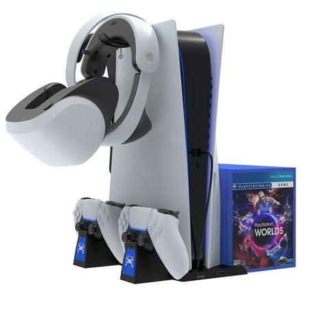PS5 Cooling Stand with Dual Controller Charger - Game Disc Storage Rack & Headphone Hanger, All-in-One Station for Disc & Digital Editions | PS5 Accessories