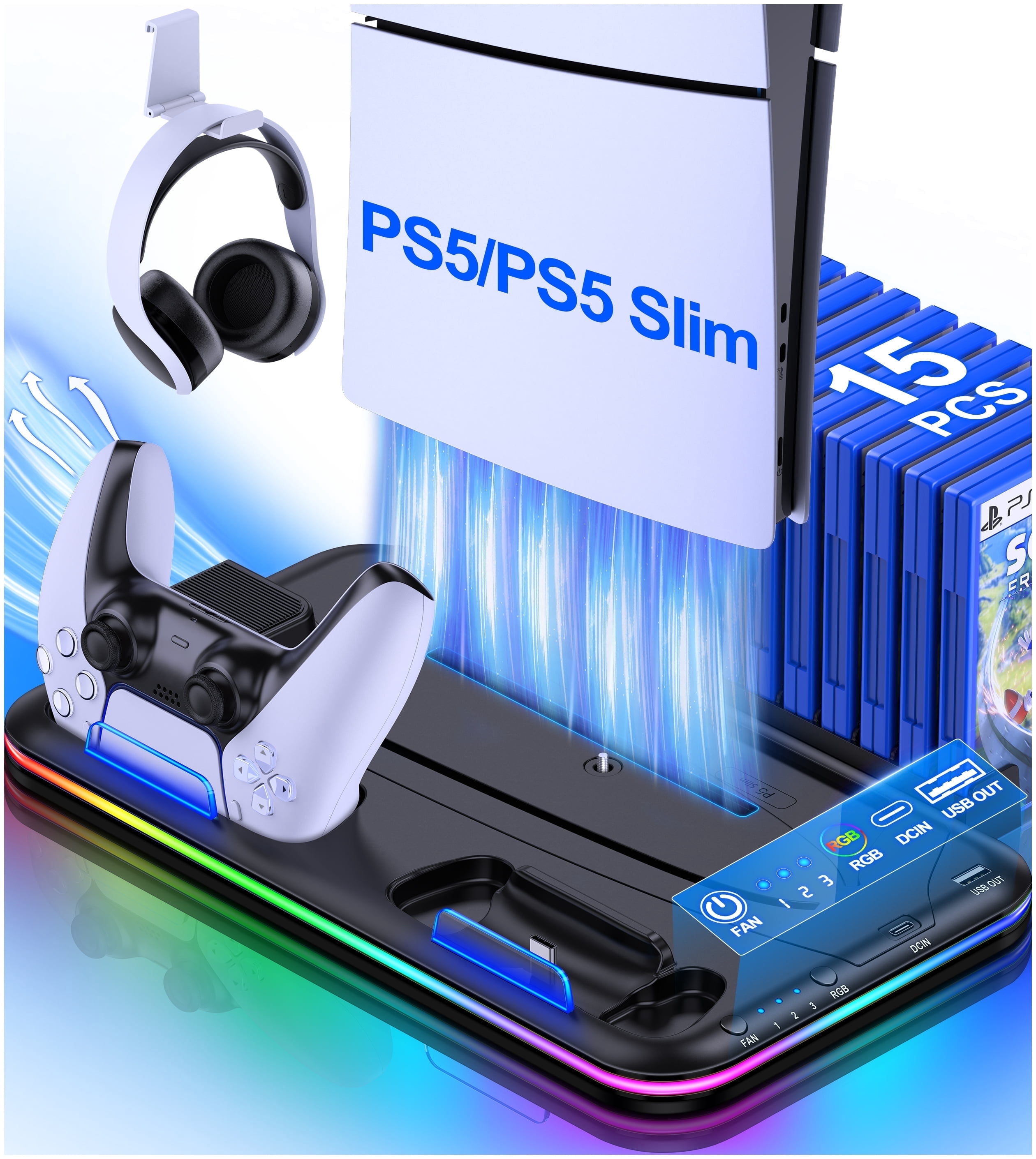 PS5 Cooling Station for 2023 Playstation 5 Slim,QQV PS5 Accessories with Dual Controller Charging Station for 2022 Playstation 5 Console with Headset Holder