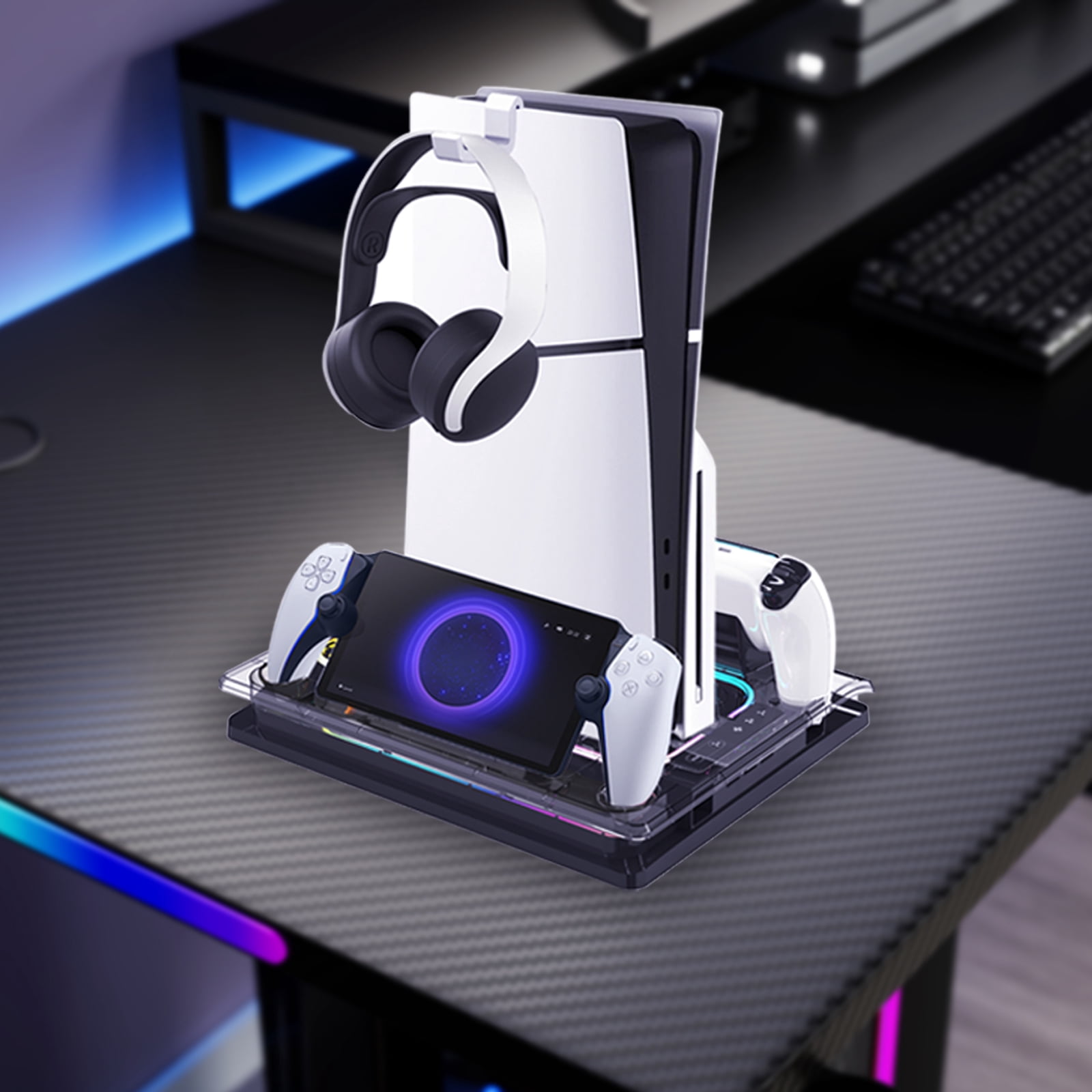 PS5 Cooling Station Fan, PlayStation Portal Charger for PS5 Stand and Cooling Station ,with RGB LED Controller Charging Dock Accessories, for PS5 Edge Controller and PS Portal Charger, Headset