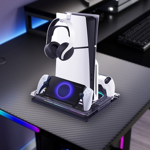 PS5 Cooling Station Fan, PlayStation Portal Charger for PS5 Stand and Cooling Station ,with RGB LED Controller Charging Dock Accessories, for PS5 Edge Controller and PS Portal Charger, Headset