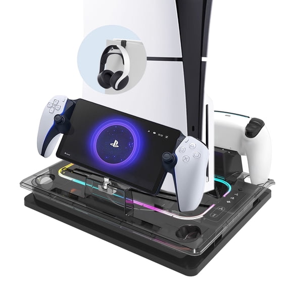 PS5 Cooling Station Fan, PlayStation Portal Charger for PS5 Stand and Cooling Station ,with RGB LED Controller Charging Dock Accessories, for PS5 Edge Controller and PS Portal Charger, Headset