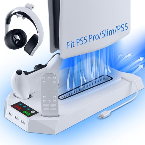 PS5 Cooling Station,PS 5 Pro Stand vertical and 3 Levels Turbo Fan with Dual Charging Station for PlayStation 5 Pro/Slim,PS 5 Accessories Kit,Headset Holder for PS 5 Digital/Disc-White