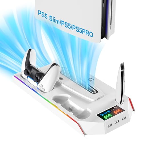 PS5 Cooling Station,PS5 Pro Stand Vertical and Turbo Fan with Dual Charging Station for PlayStation 5 with 3 Levels Cooling Fan,P5 Accessories Kits,Headset Holder for P5 Digital/Disc-White
