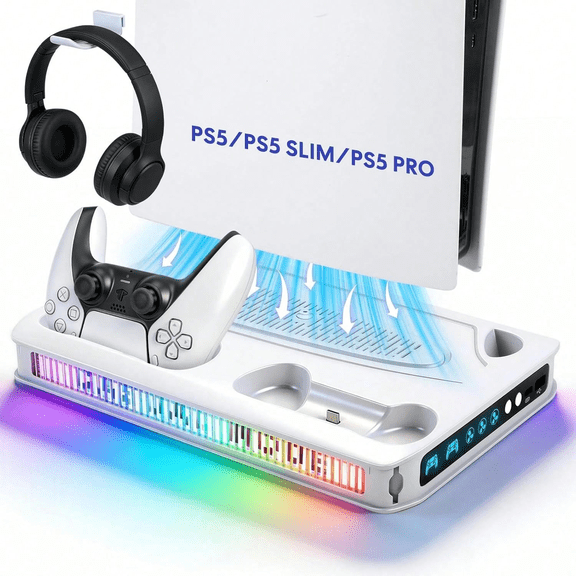 ZYTHRONE PS5/ Slim/Pro Cooling station with Fast Contoller Charger for PlayStation 5 Disc & Digital Console Stand, RGB Light, Quiet Cooling Fan, Headset Holder