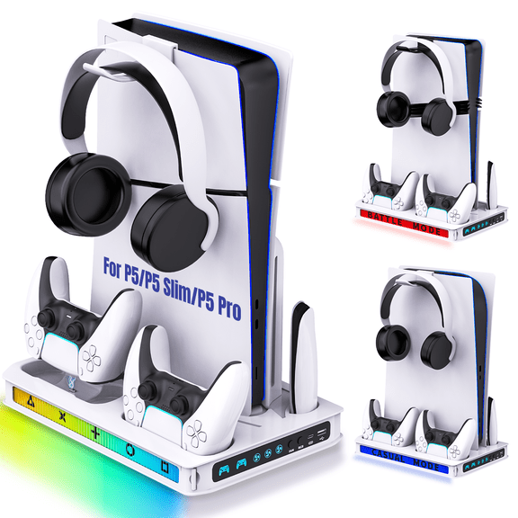 ZYTHRONE PS5/ Slim/Pro Cooling station with Fast Contoller Charger for PlayStation 5 Disc & Digital Console Stand, RGB Light, Quiet Cooling Fan, Headset Holder