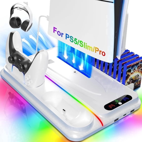 Vertical Cooling Station for PlayStation 5 (PS5 Slim/Pro/Digital), with Dual Controller Charger, 3-Speed Fan, RGB Lighting, USB Hubs and Game Slots