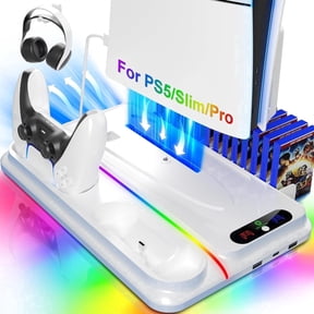Vertical Cooling Station for PlayStation 5 (PS5 Slim/Pro/Digital), with Dual Controller Charger, 3-Speed Fan, RGB Lighting, USB Hubs and Game Slots