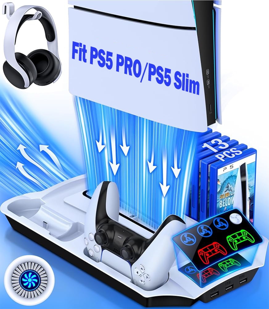 PS5 Cooling Station, QQV P5 Accessories for PS5 Pro, PS5 Slim, Digital & Disc Edition with Controller Charger with 3-Speeds Adjustable,Headset Holder, 11 Games Storage