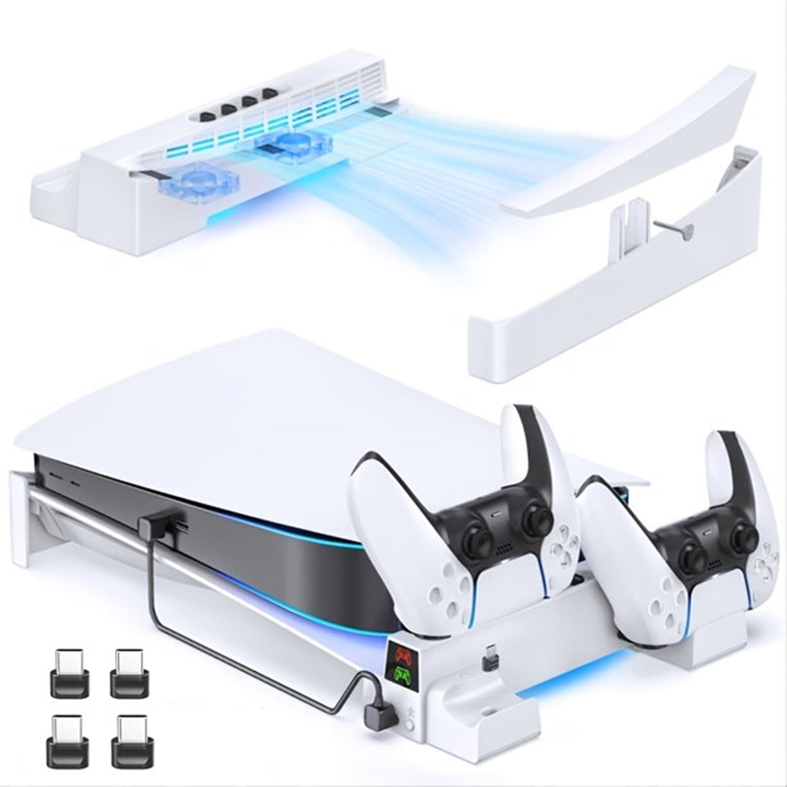 Horizontal Stand for PS5 with 3-Level Fan and Charger Base for PS5 Controller, Cooling Station Accessories-White