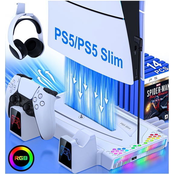 PS5 Stand with PS5 Cooling Fan for PS5/PS5 Slim, ESYWEN PS5 Accessories with Cooling Stand with Controller Charger for PS5/PS5 Slim
