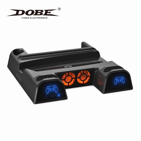 PS5 Multifunctional Cooling Fan Base - Blue LED Light, 2-Slot Controller Charger + 10-Disc Storage Rack, Anti-Slip Design, Compatible with PS5 DE/UHD Consoles, USB-Powered