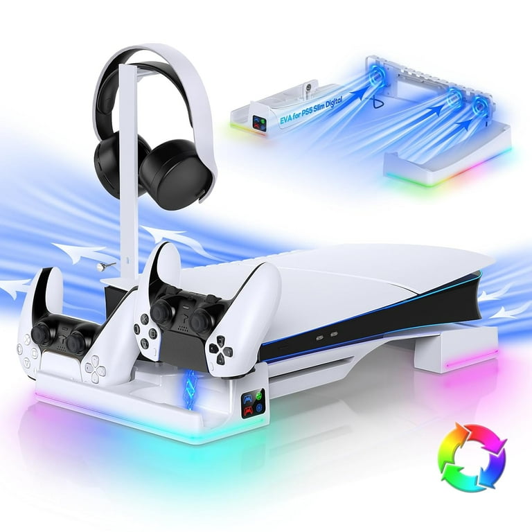 PS5 Slim Stand With Cooling Fan & Charging Station - RGB LED Controller Dock White