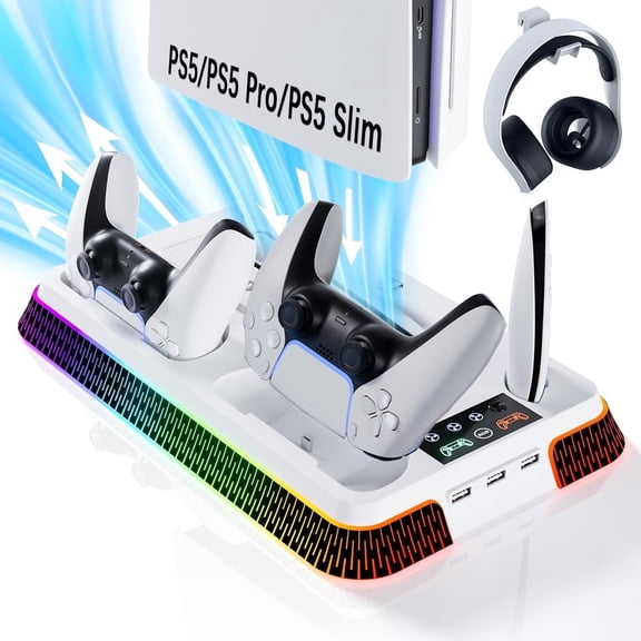 PS5/Pro/Slim Stand and Cooling Station with Controller Charging Station, 3-Level Cooling Fan, Dual PS5 Controller Charger, Headset Holder, Game Storage for PlayStation 5 Digital/Disc Console