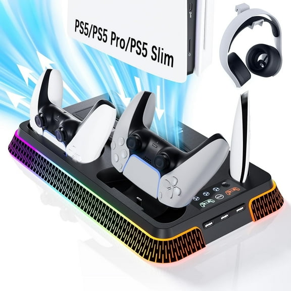 PS5/PS5 Pro/PS5 Slim Stand and Cooling Station, Controller Charging Station for PlayStation 5 Console, PS5 Stand Controller Charger for with 3 Levels Cooling Fan, Headset Holder for PS5 Digital/Disc