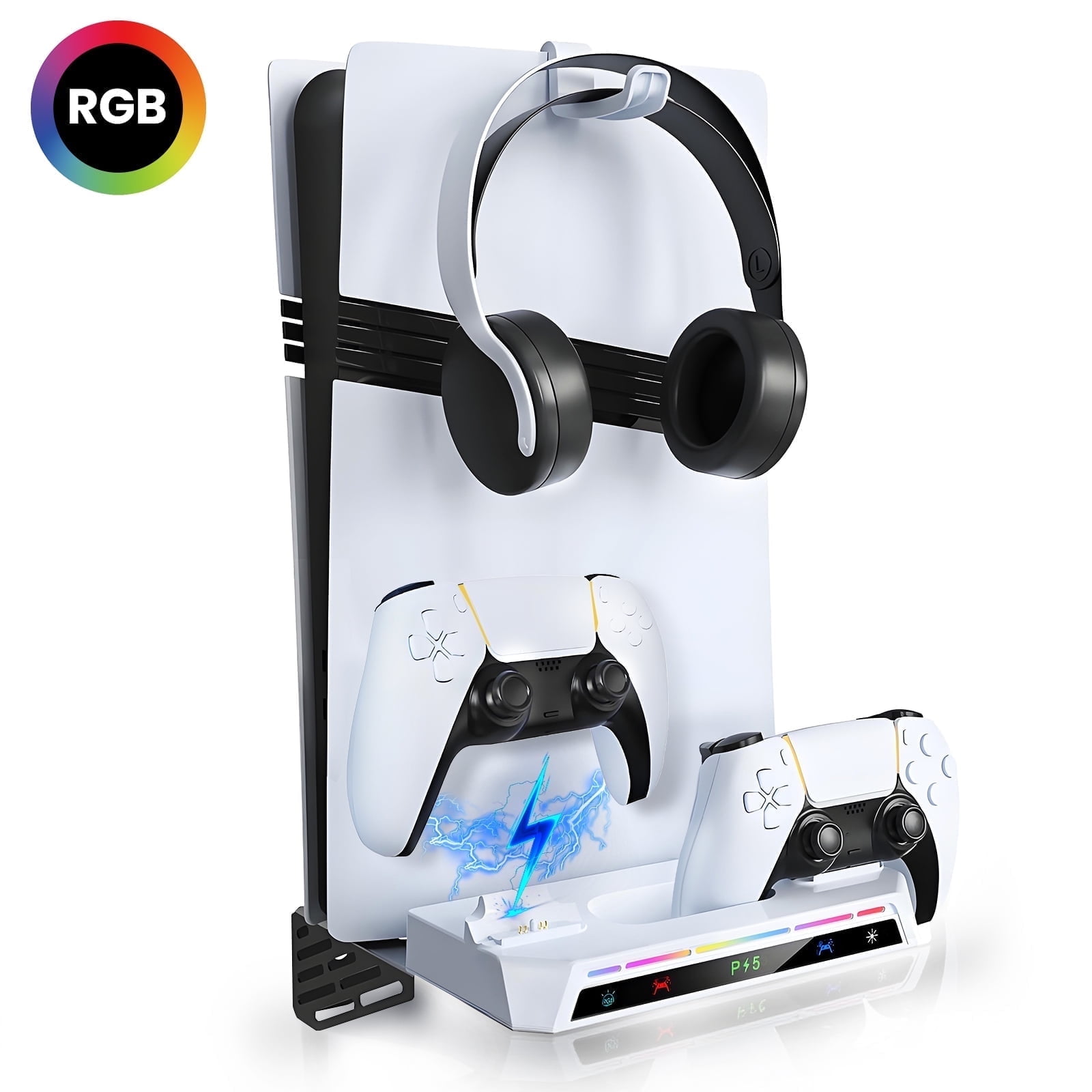 for PS5 Wall Mount Kit with 2-in-1 Charging Station, Floating Shelf Holder with Controller Fast Charger, 9 RGB Light Modes, for All PlayStation 5/Slim/Pro Disc & Digital Console