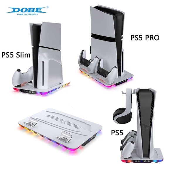 PS5/PS5 Slim/PS5 Pro Multifunctional Cooling Stand - Dual Controller Charging Dock, Headphone Hanger & RGB Ambient Lights, Vertical Console Holder for Disc/Digital Editions