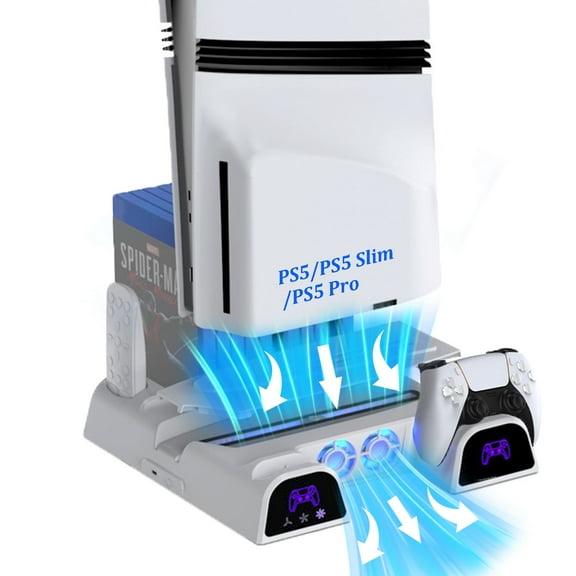 PS5/PS5 Slim/PS5 Pro/PS5 Disc&Digital Cooling Station, White Cooling Stand with Dual PS5 Controller Charging Station, 3 Levels Cooling Fan, Multi-Function PS5 Accessories Slot and USB Hub