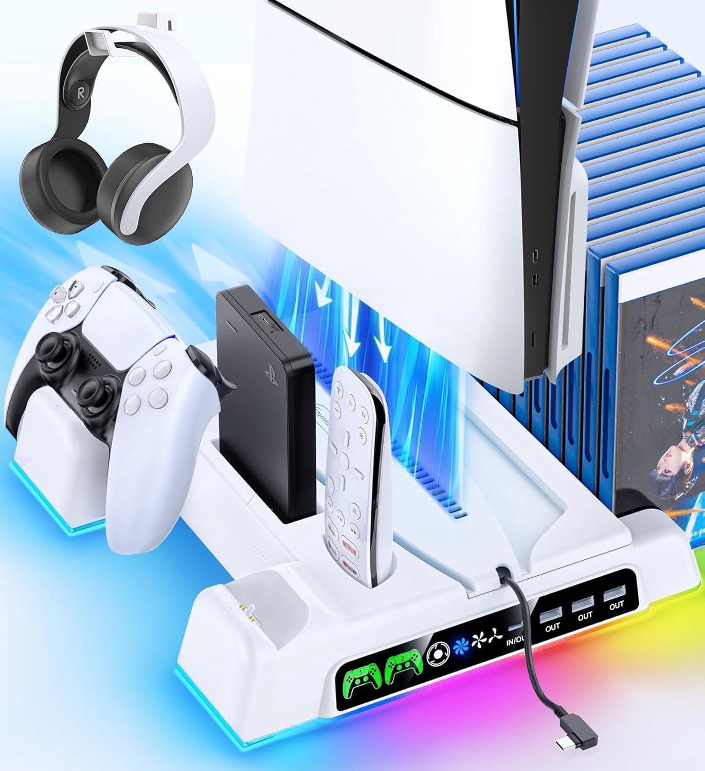 PS5/PS5 Slim/Pro Stand and Cooling Station with Controller Charging Station, PS5 Controller Charger, PlayStation 5/PS5 Slim Accessories with 3 Level Cooling Fan