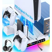 PS5/PS5 Slim/Pro Stand and Cooling Station with Controller Charging Station, PS5 Controller Charger, PlayStation 5/PS5 Slim Accessories with 3 Level Cooling Fan