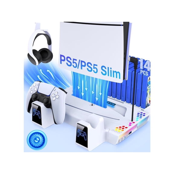 For PS5 / PS5 Slim Stand Cooling Station with Controller Charger for Playstation 5/Slim Console, PS5 Accessories Vertical Stand with Cooling Fan, RGB Light, Headset Holder, 14 Game Slot