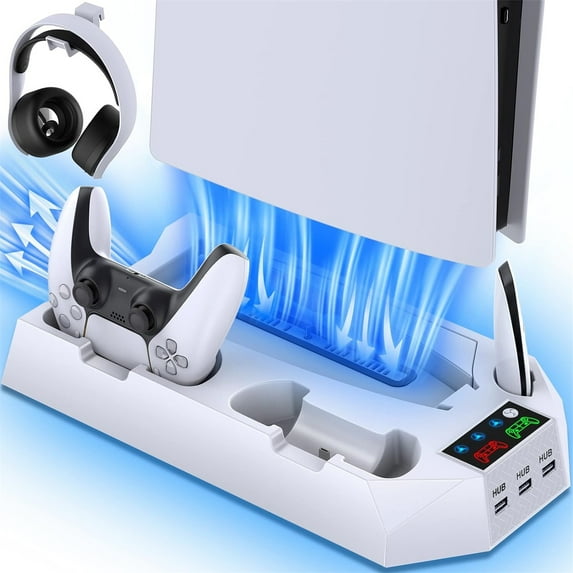 PS5 / PS5 Slim Stand and Cooling Station with Dual Controller Charging Station for PlayStation 5 Console, PS 5 Accessories Incl. Controller Charger, Cooling Fan, Headset Holder, 3 USB Hub, Screw