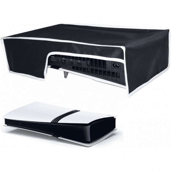 Console Dust Cover for PS5 Pro Disc & Digital, Horizontal Mode Dustproof Shell Protective Sleeve, Oxford Cloth Anti-Scratch Waterproof Easy Access Cable Port-Black with White Trim