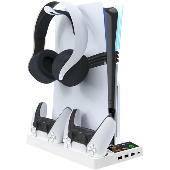 for PS5 Pro/PS5 Slim Cooling Stand Dock with Dual Controllers Charging Station, for P5 Pro Disc & Digital Console Bracket Base 3 Speed Cooling Fan Organizer with Headphone Hanger (White)