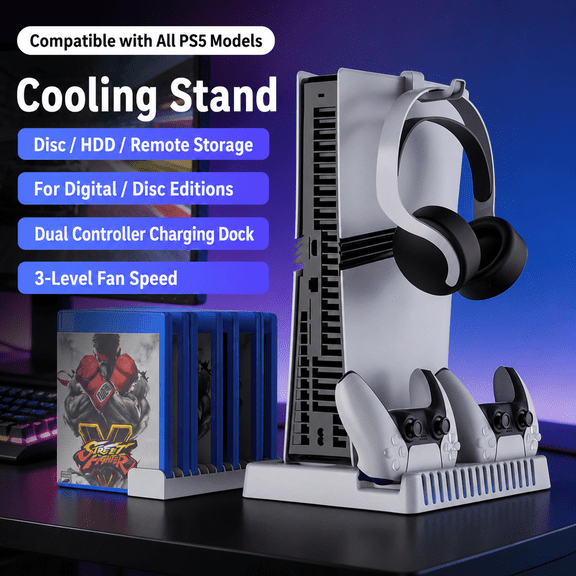 PS5 Pro/Slim/PS5 Stand and Cooling Station with Controller Charging Station for Playsation 5 Disc Digital Console, PS5 Accessories Incl. 3 Levels Cooling Fan, 13 Game Slots, 4 USB HUB, Headset Holder