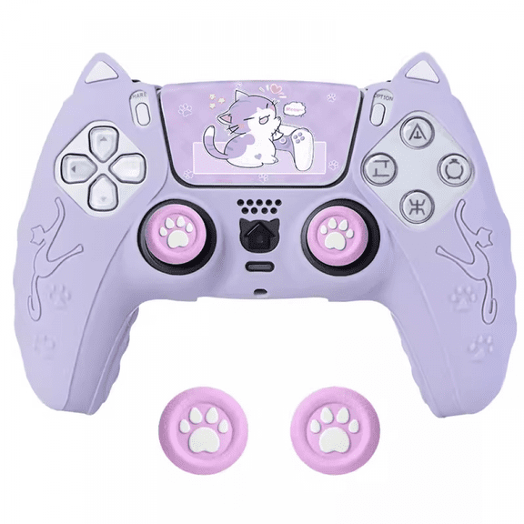 Gamepad Silicone Protective Cover for PS5, Cute Cat Ear Game Controller Protective Case with Joystick Cap-Purple