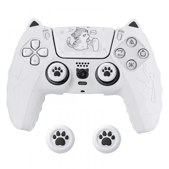 Gamepad Silicone Protective Cover for PS5, Cute Cat Ear Game Controller Protective Case with Joystick Cap-White