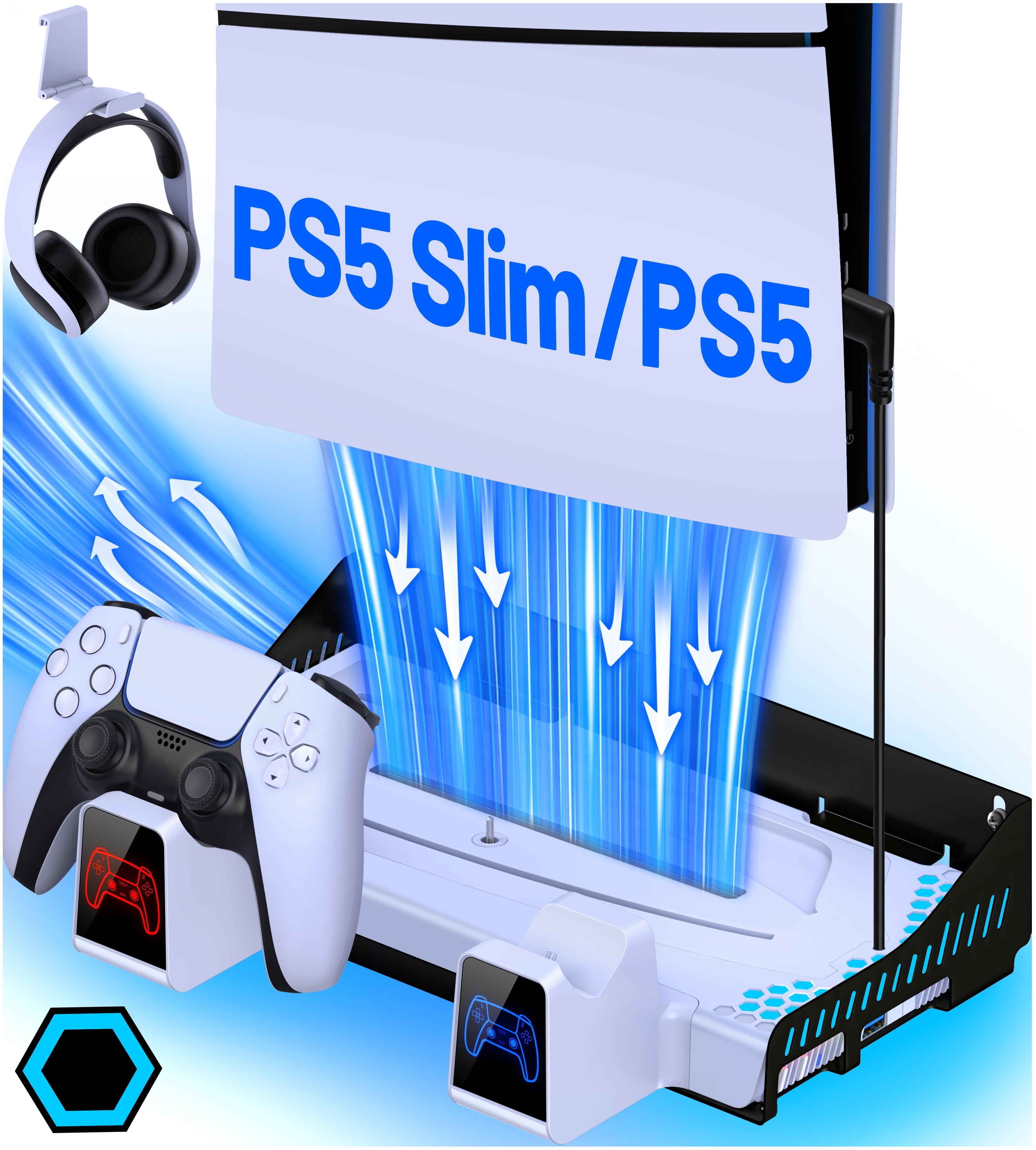 PS5 Silm Stand with Cooling Fan for 2020 Playstation 5 Disc/Digital Console/PS5 Silm,PS5 Accessories with Dual Charger Station