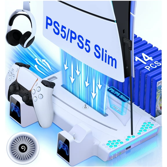PS5 Slim Cooling Station with Turbo Fan & 3H Dual Charger  Space-Saving Stand for PS5 Digital/Slim (2020-2023) + Smart LED Indicators