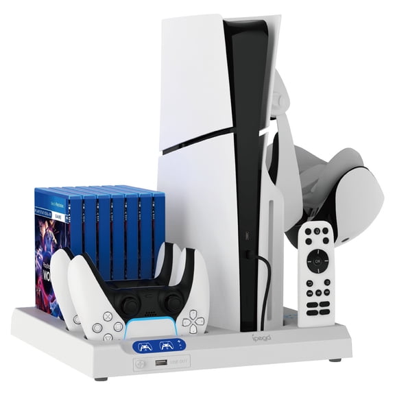 PS5 Slim Cooling Stand with Dual Controller Charger - Console Charging Dock, Heat Dissipation Fan for Disc & Digital Editions | PS5 Slim Accessories