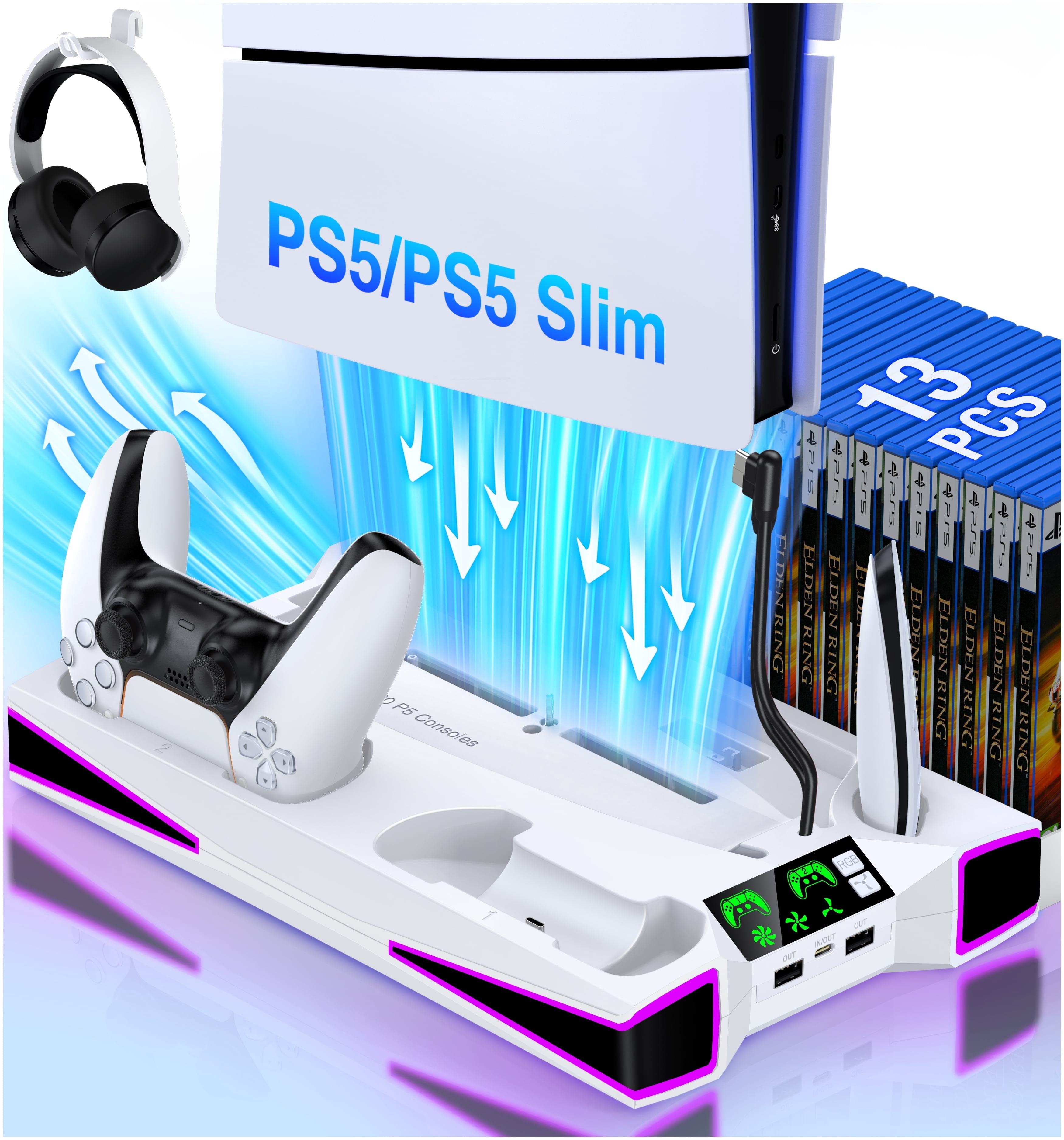 PS5 Stand Cooling Station for PS5 Pro,Slim, ESYWEN PS5 Accessories,Cooling Stand for PlayStation 5 with Dual Controller Charger