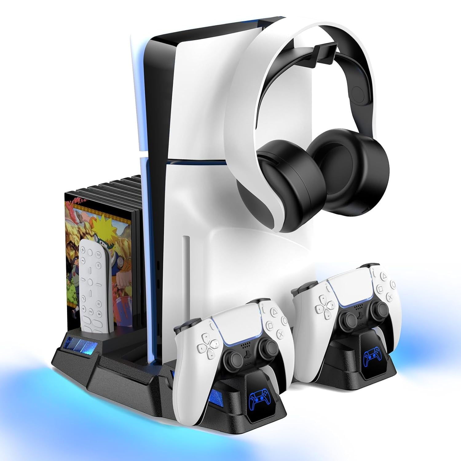 PS5 Slim Stand With Cooling Fan & Charging Station - RGB LED Controller Dock White
